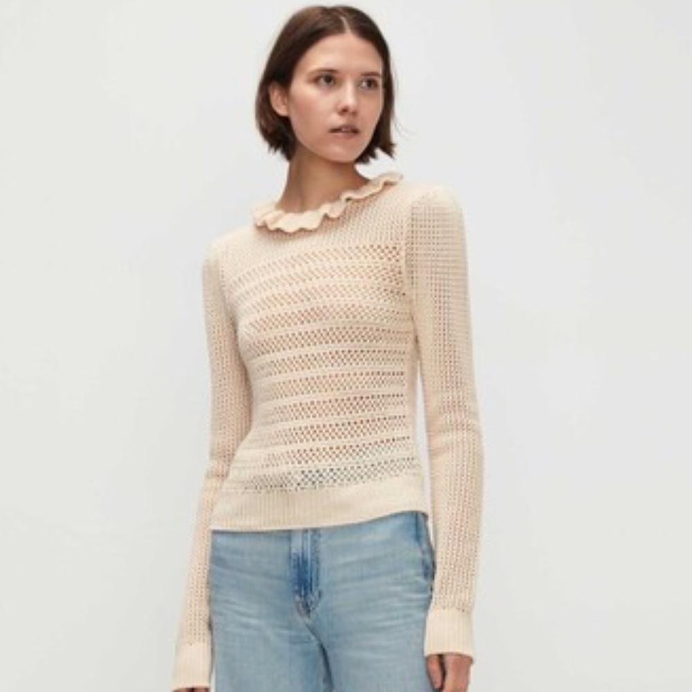 7 FOR ALL MANKIND | Ruffle Neck Long Sleeve Sweater in Heather Oatmeal | Size M